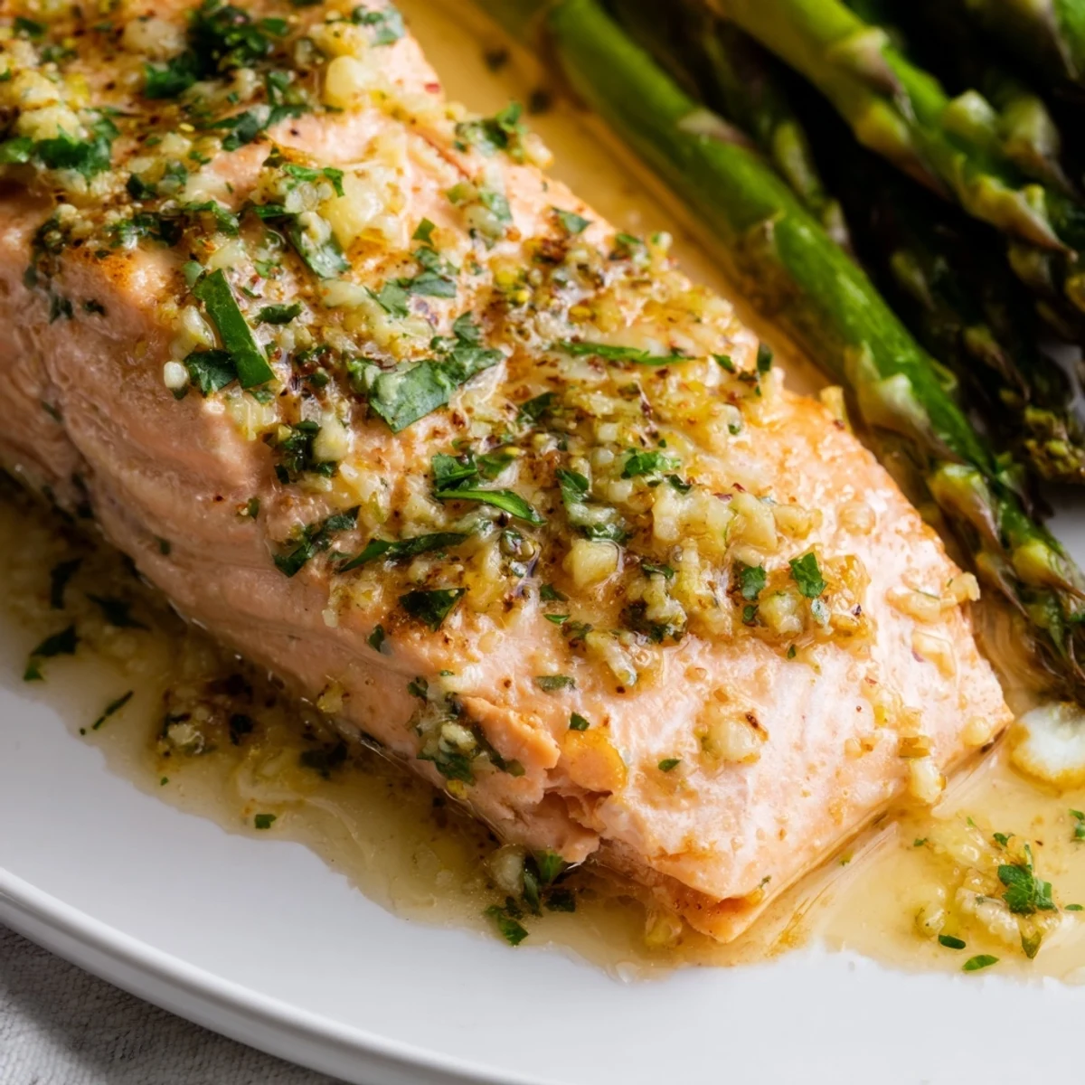 Savory Lemon Garlic Butter Salmon fillets flaking easily with a fork, served alongside tender roasted asparagus and lemon wedges on a white plate.