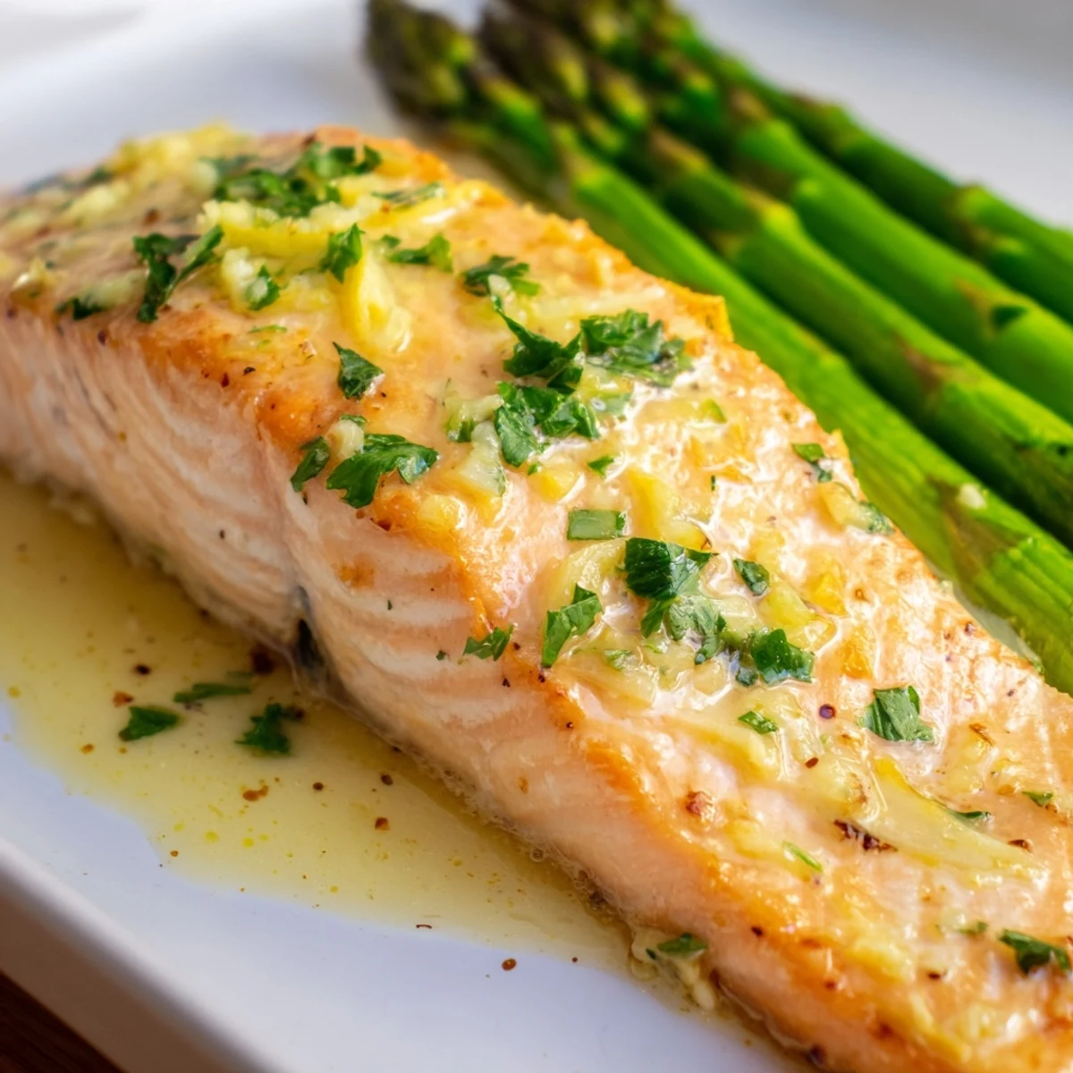 A vibrant dinner plate featuring Lemon Garlic Butter Salmon and roasted asparagus, drizzled with buttery lemon sauce and ready to serve.