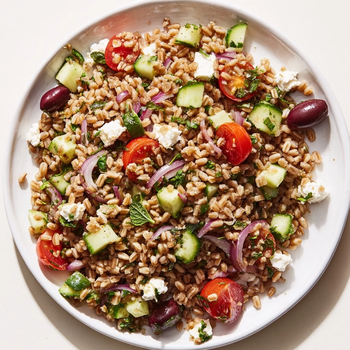 Spoon serving Mediterranean Farro Salad with cucumber, Kalamata olives, and crumbled feta over a rustic table.