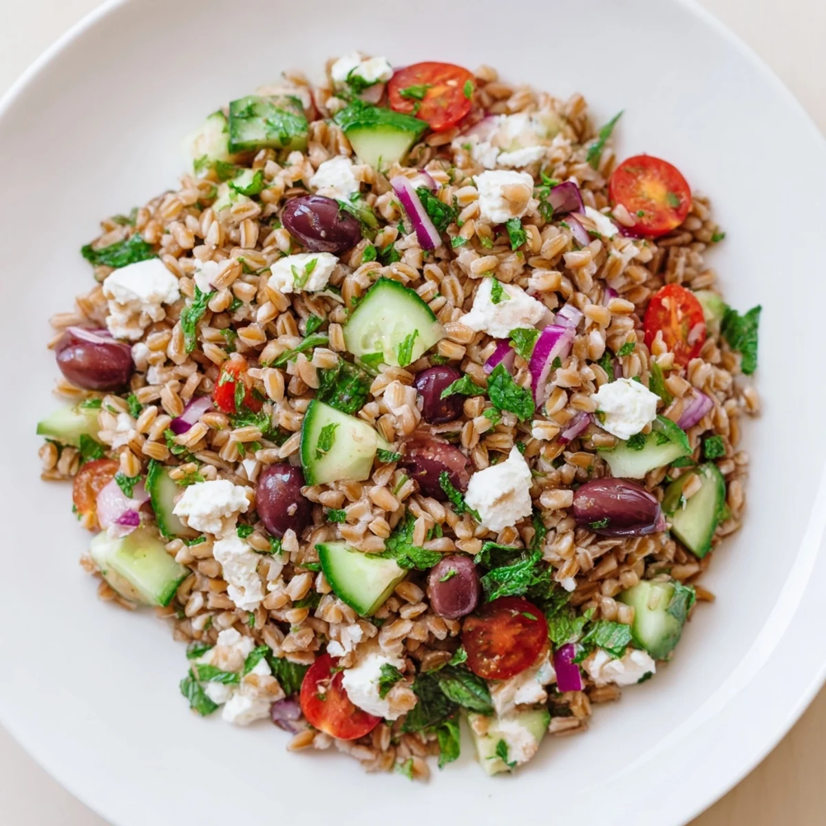 Mediterranean Farro Salad with cucumber and feta is garnished with fresh mint, ready for a light lunch.