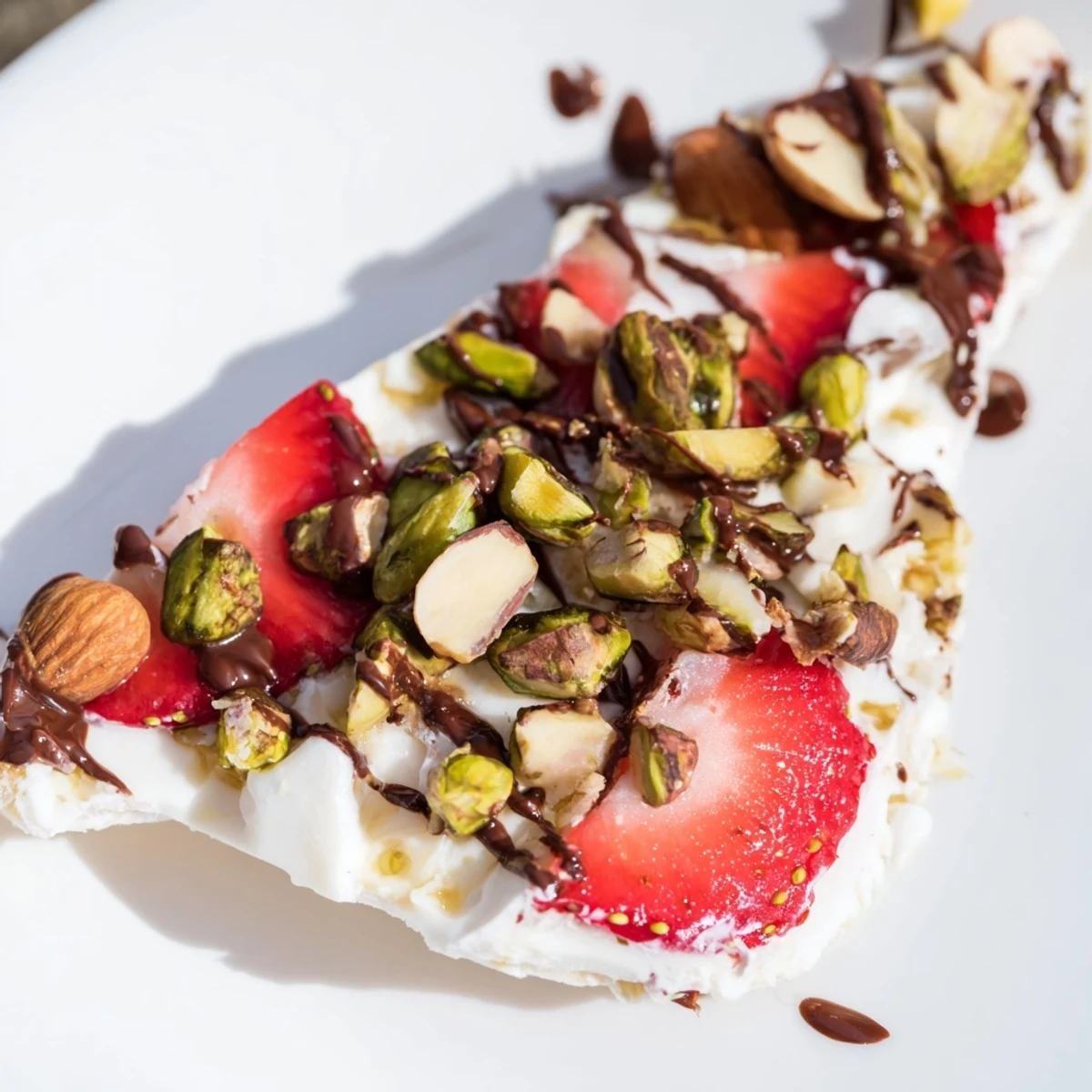 Frozen Chocolate Covered Strawberry Yogurt Bark with Nuts shows a cracked piece topped with fresh berries and chopped nuts.