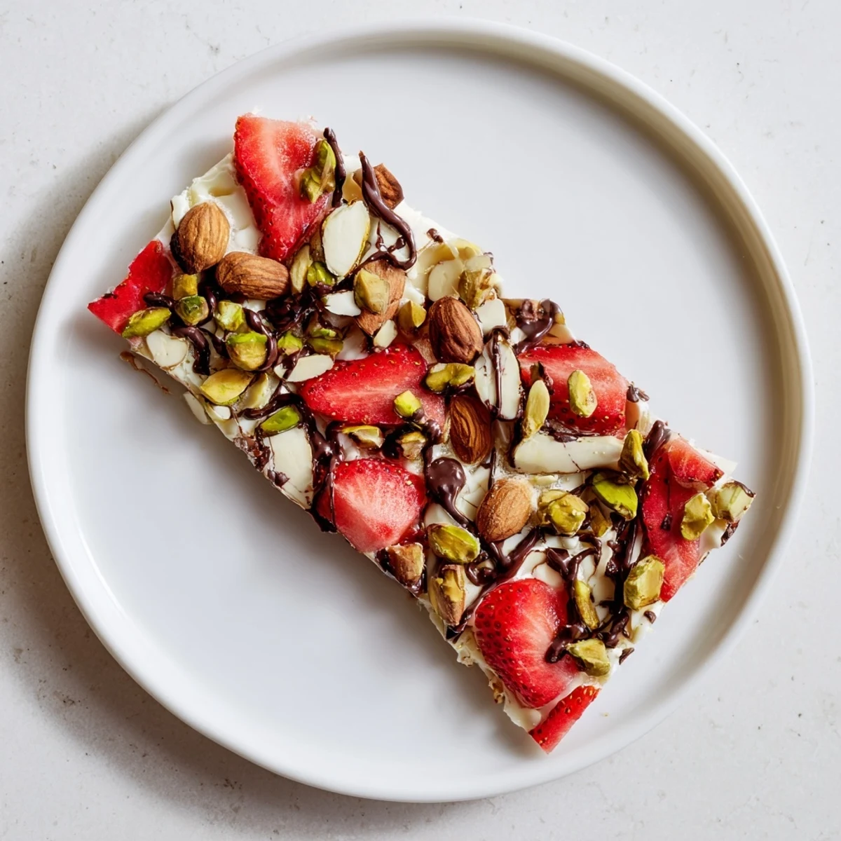Chocolate Covered Strawberry Yogurt Bark with Nuts on a baking sheet with a creamy yogurt base and melted chocolate drizzle.