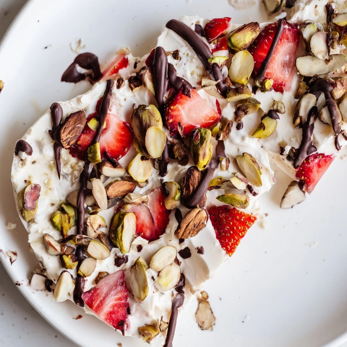 Sliced strawberries and chopped nuts on a chilled Chocolate Covered Strawberry Yogurt Bark ready for a healthy snack or dessert.