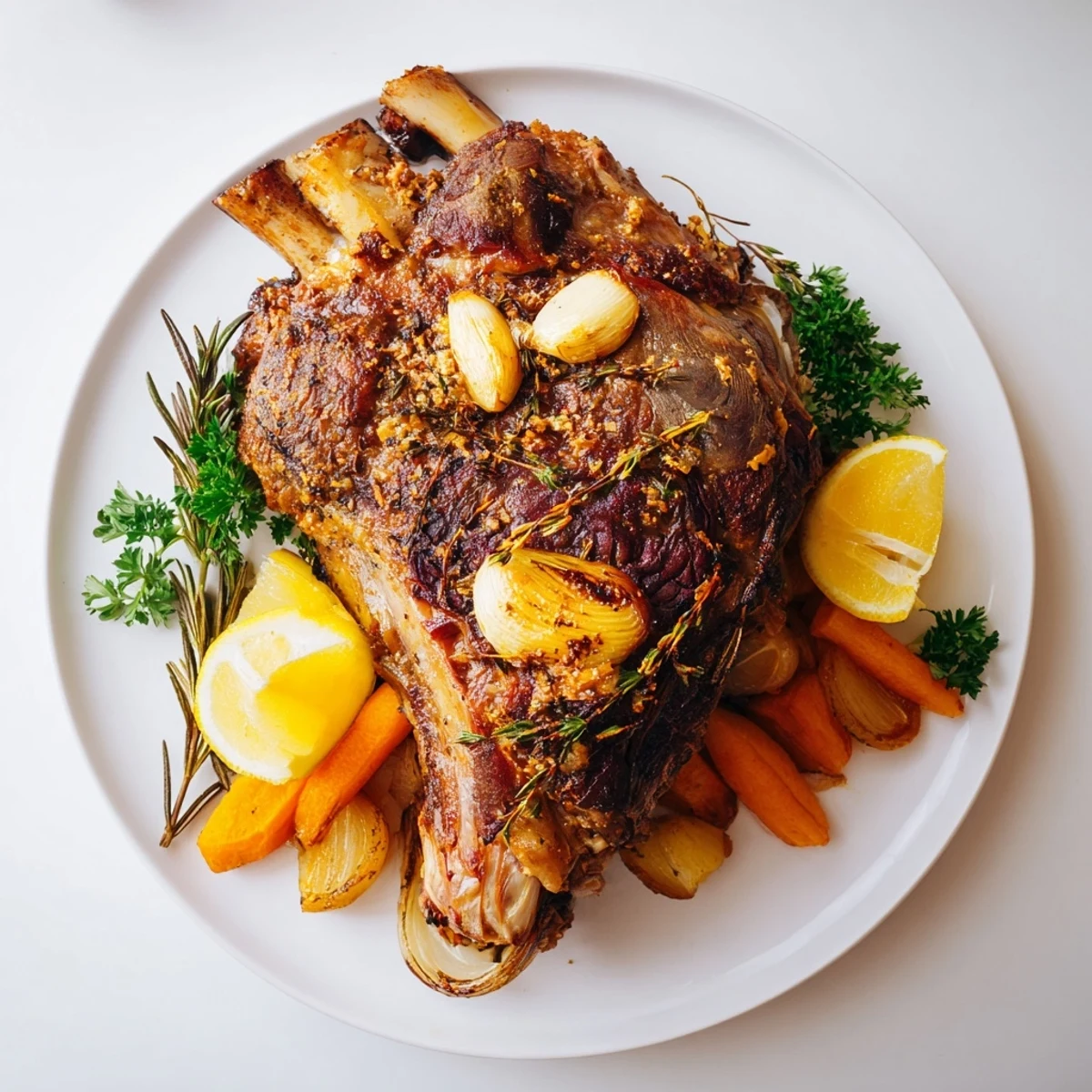 Fork-tender Slow Cooked Lamb Shoulder with Garlic and Herbs rests on a platter surrounded by roasted carrots and onions.