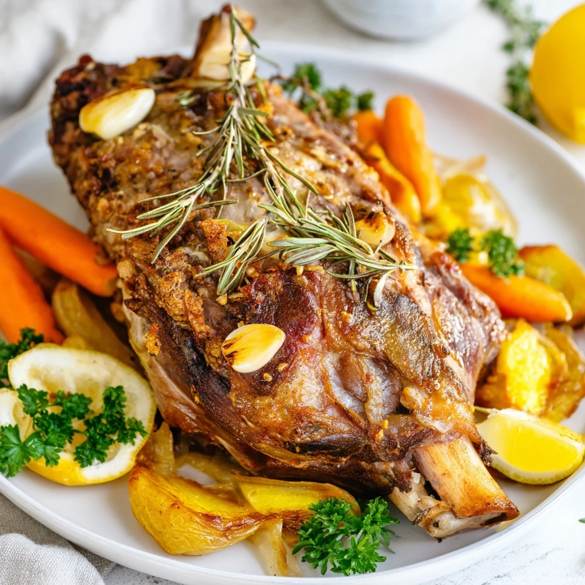 A close-up of Slow Cooked Lamb Shoulder with Garlic and Herbs highlights juicy, shredded meat and crispy herb-flecked edges.