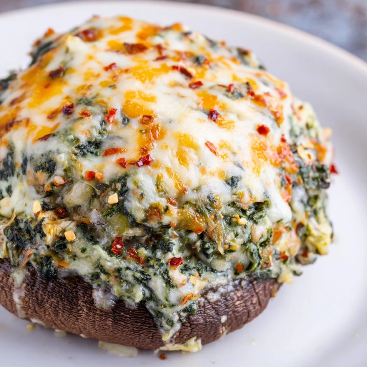 Four large, juicy Portobello caps filled with creamy spinach, artichoke, and melty cheese.