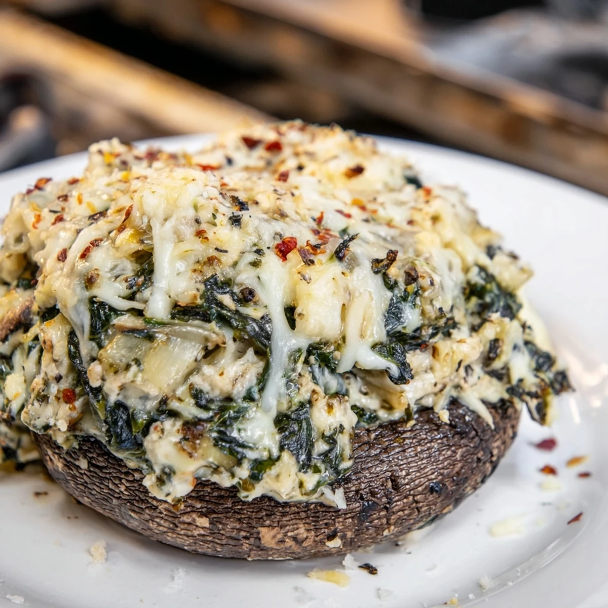 Golden-baked Cheesy Spinach and Artichoke Stuffed Portobello Mushrooms with bubbling mozzarella topping.