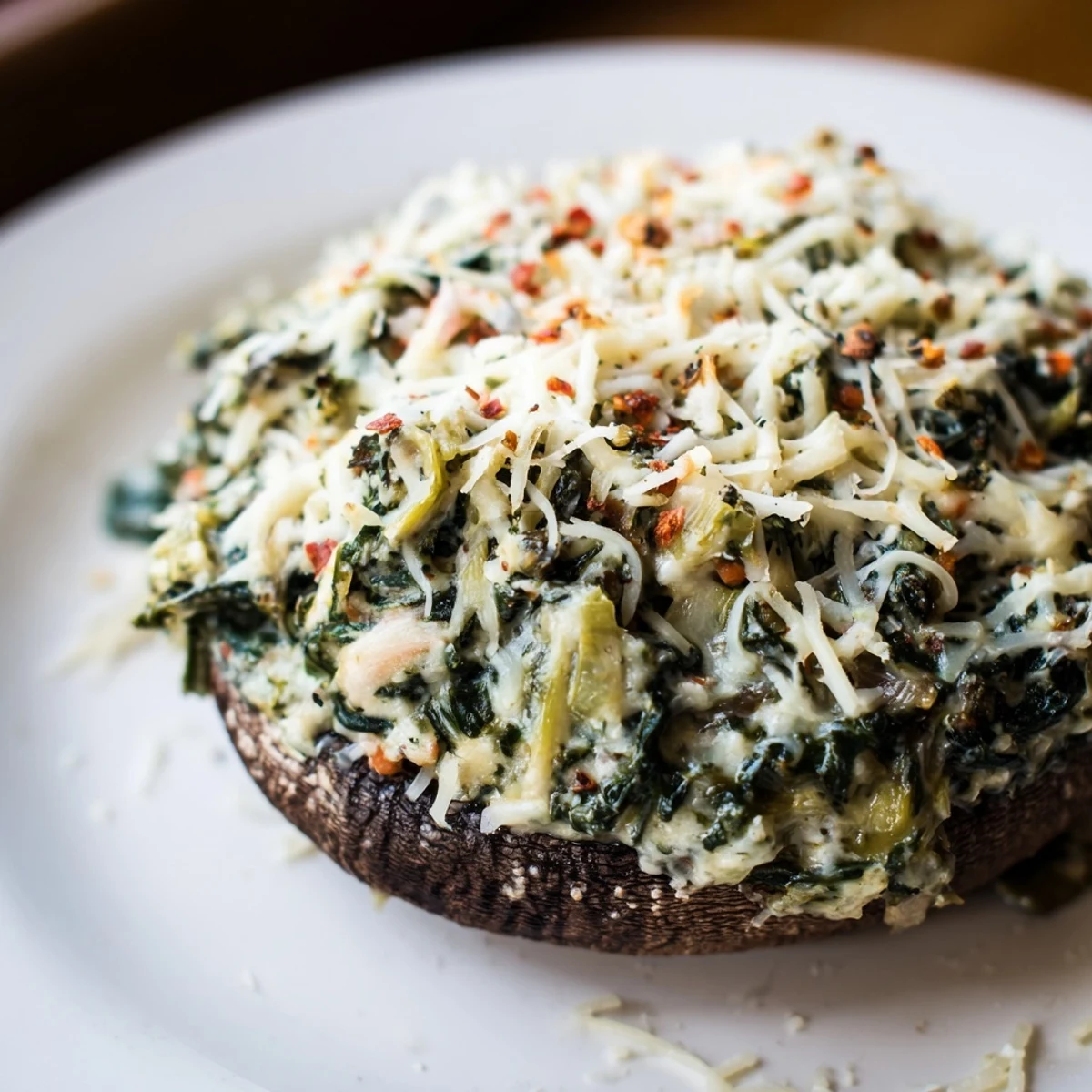 Easy vegetarian Cheesy Spinach and Artichoke Stuffed Portobello Mushrooms served as a main dish.