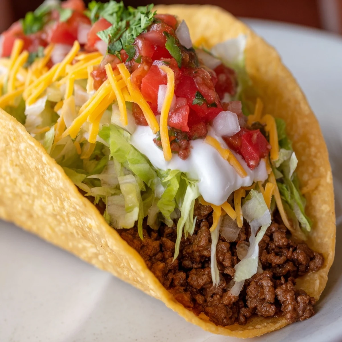 Two golden Beef Tacos with Hard Shells and Fresh Toppings stand ready for dinner, garnished with pico de gallo and lime wedges.