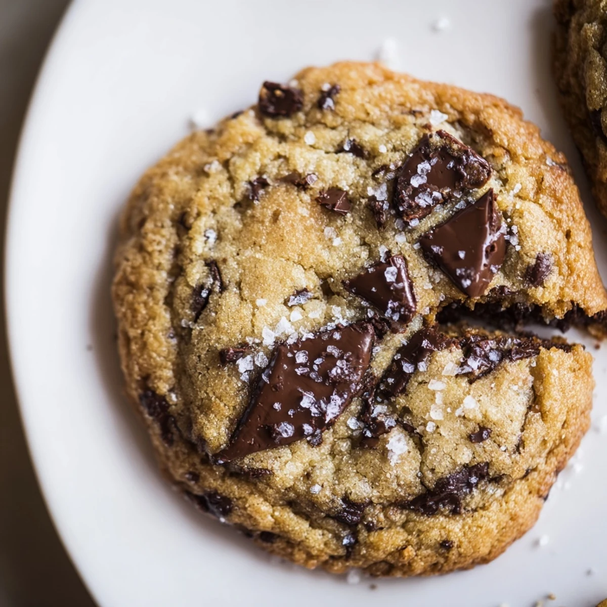 A close-up view of a bitten Chocolate Chip Cookies with Sea Salt Flakes reveals a soft, chewy interior with rich semisweet chocolate. 