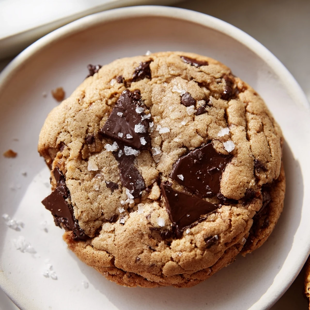 Stacked warm Chocolate Chip Cookies with Sea Salt Flakes are served beside a tall glass of cold milk on a rustic table.