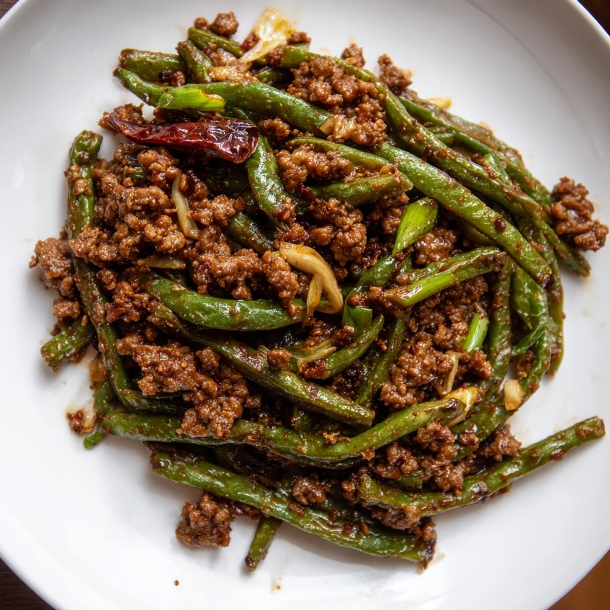Spicy Szechuan Green Beans with Minced Beef served steaming hot alongside fluffy white rice for dinner.