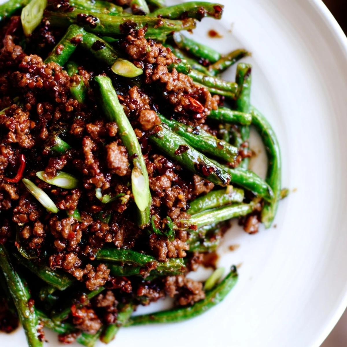 Wok-fried Spicy Szechuan Green Beans with Minced Beef featuring charred beans and a bold, peppery chili sauce.