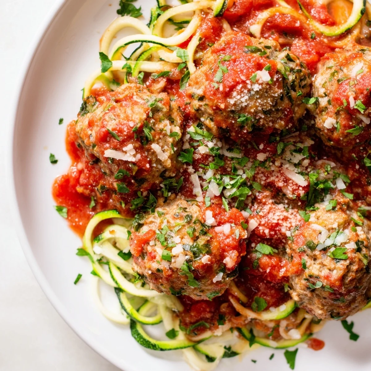 Tender turkey meatballs with zucchini noodles and marinara sauce are served in a white bowl.