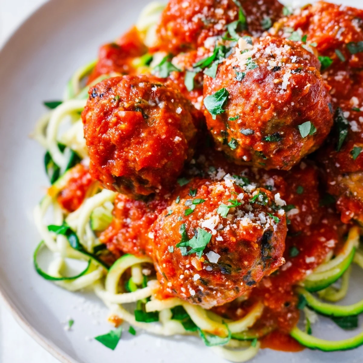 Juicy turkey meatballs with zucchini noodles and marinara sauce are plated, garnished with fresh parsley.