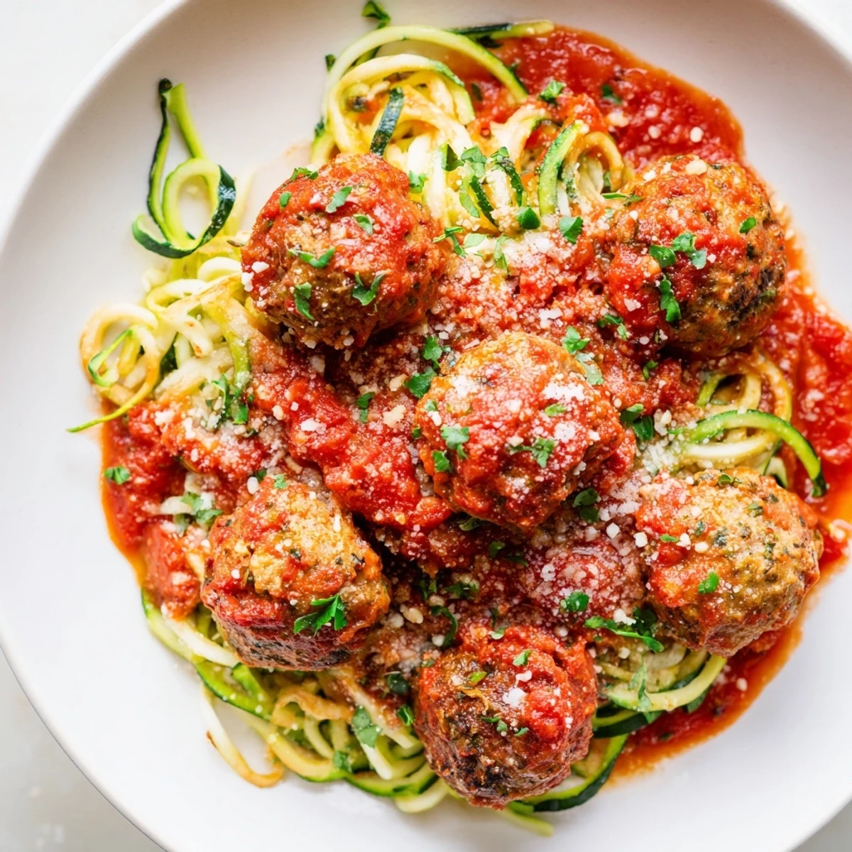 A fork twirls zucchini noodles as turkey meatballs with marinara sauce wait to be eaten.