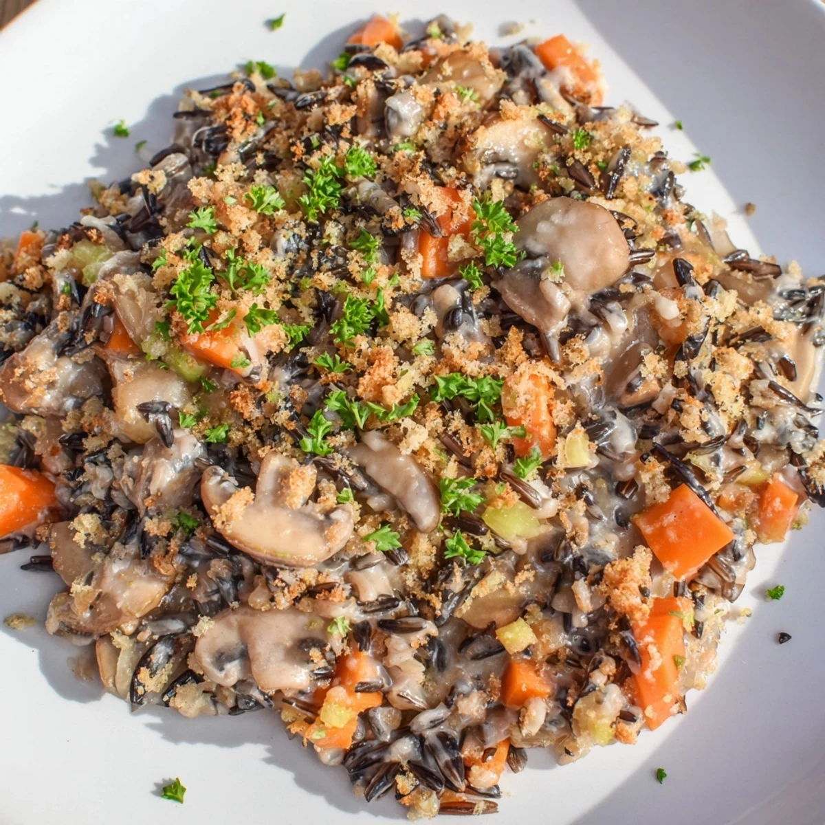 Golden-brown Creamy Mushroom and Wild Rice Casserole bubbling from the oven, featuring a crunchy panko topping and fresh parsley garnish.