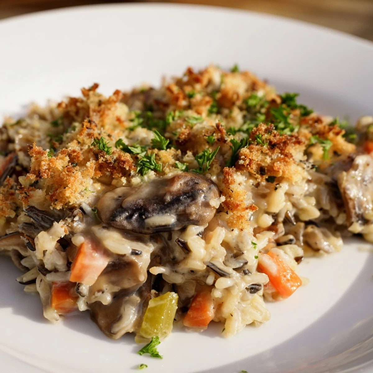 A heaping spoonful of creamy Creamy Mushroom and Wild Rice Casserole reveals tender wild rice and sautéed cremini mushrooms in a rich sauce.
