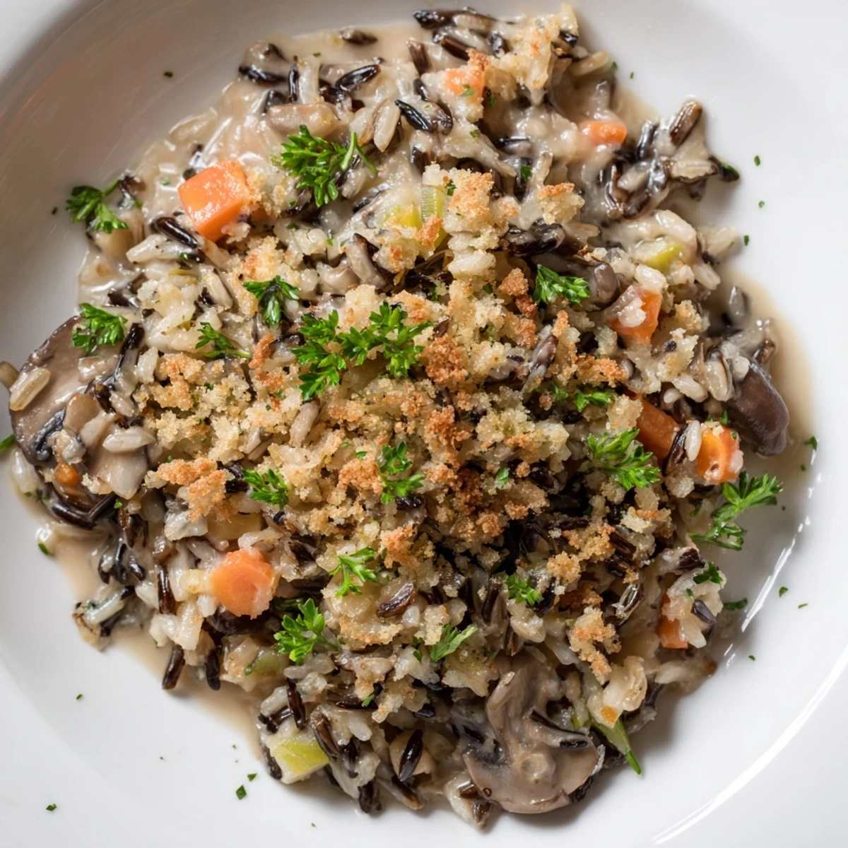 Freshly baked Creamy Mushroom and Wild Rice Casserole served in a rustic dish, ideal for a cozy family dinner or potluck gathering.