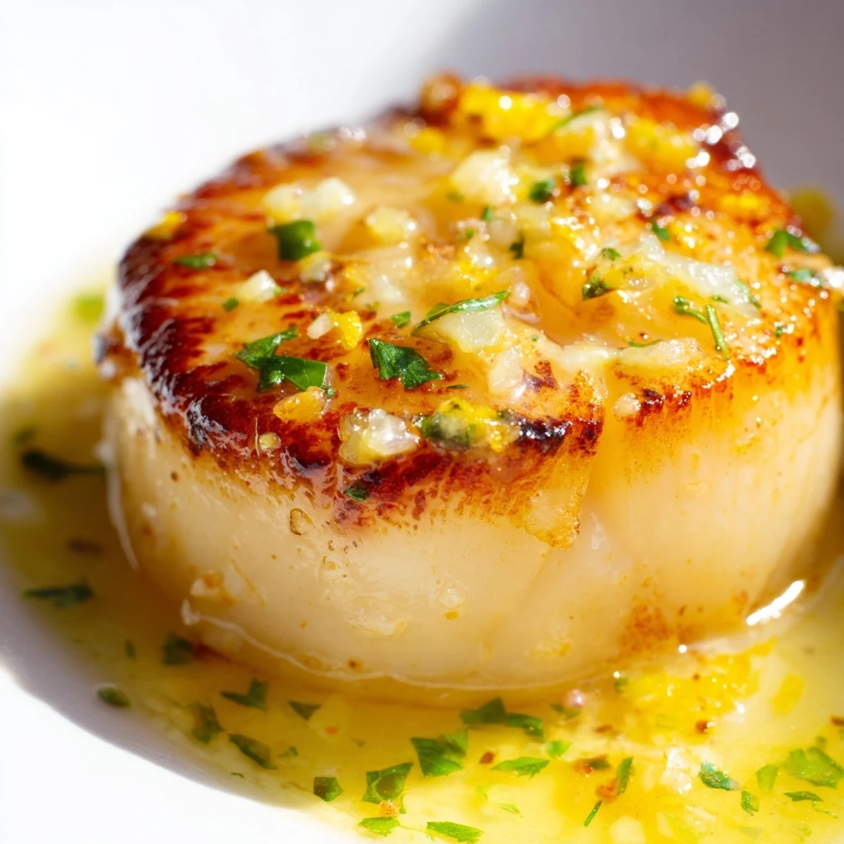 Golden-brown seared scallops swimming in a velvety lemon butter sauce, garnished with fresh parsley and lemon wedges.