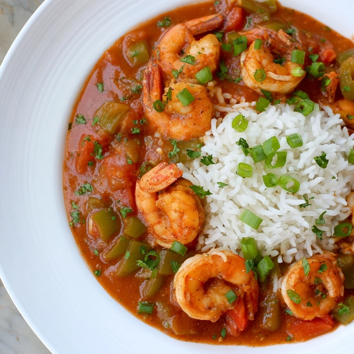 A close-up of New Orleans Shrimp Creole with Rice, featuring plump pink shrimp in a rich, chunky tomato and pepper sauce served over fluffy white rice.