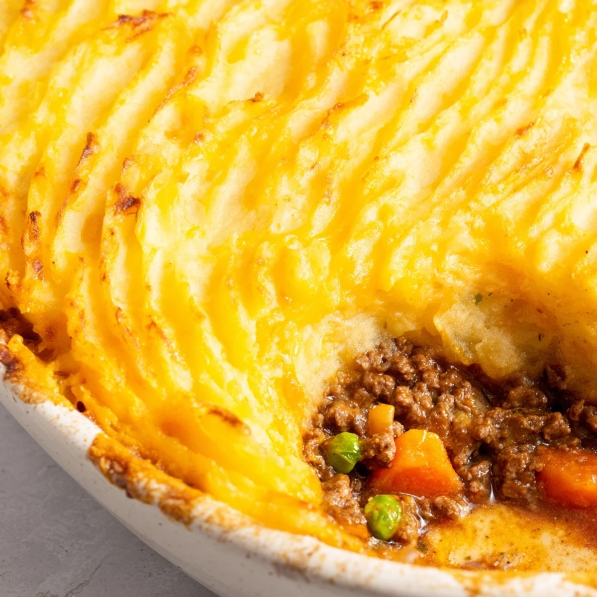 Serving of Emerald Isle Shepherd Pie features a bubbling cheesy crust over rich Irish lamb stew with tender vegetables.