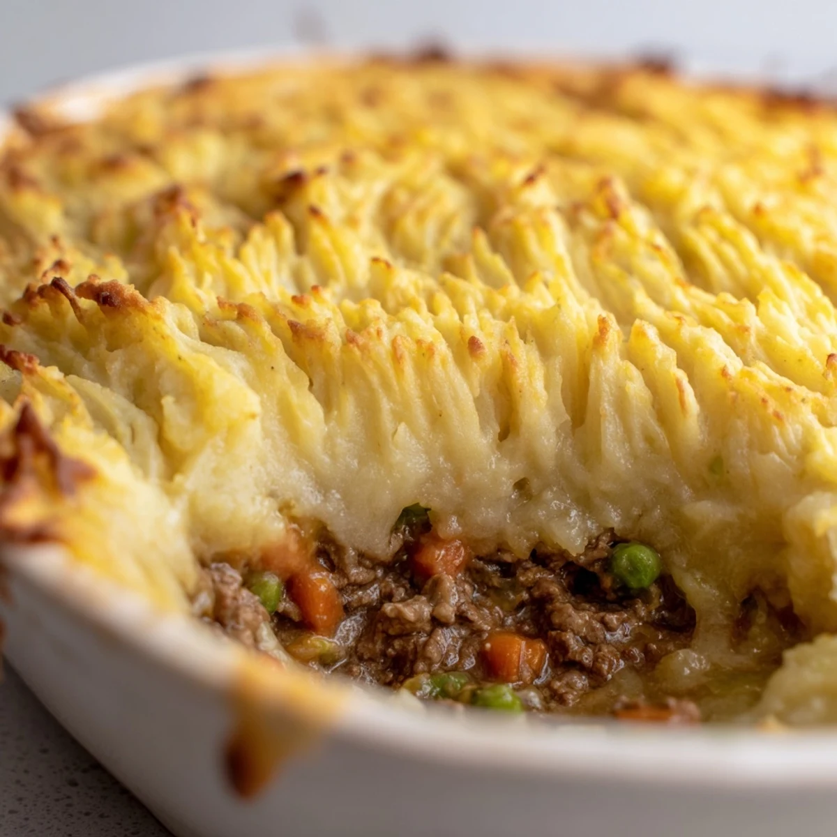 Golden-brown creamy mashed potatoes cover a savory filling of lamb, carrots, and peas in this Emerald Isle Shepherd Pie.