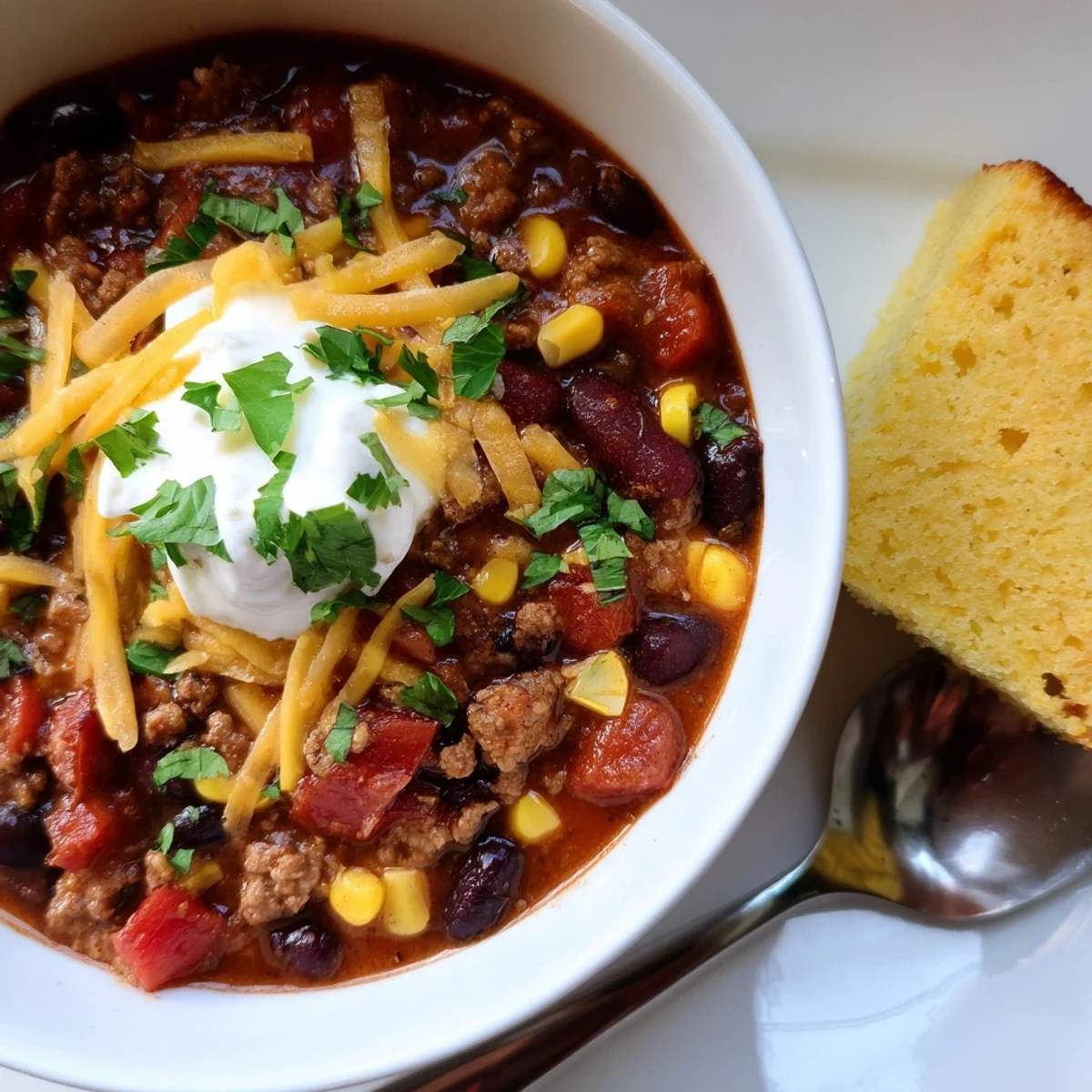 Hearty Touchdown Turkey Chili simmering in a pot, alongside fresh-baked cornbread cooling on a wire rack. Aromatic spices.