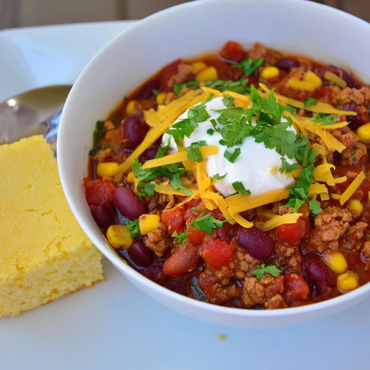 Steaming bowl of Touchdown Turkey Chili topped with cilantro and served beside warm, golden cornbread. Game day comfort food.