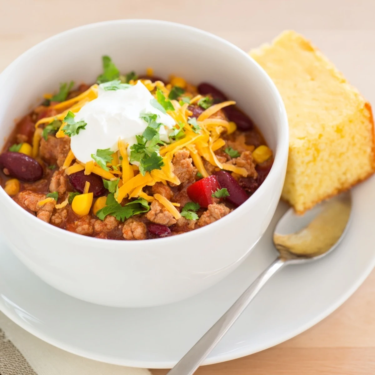 Close-up of ladled Touchdown Turkey Chili with beans and corn, next to a slice of buttery cornbread on a plate. Rustic table.