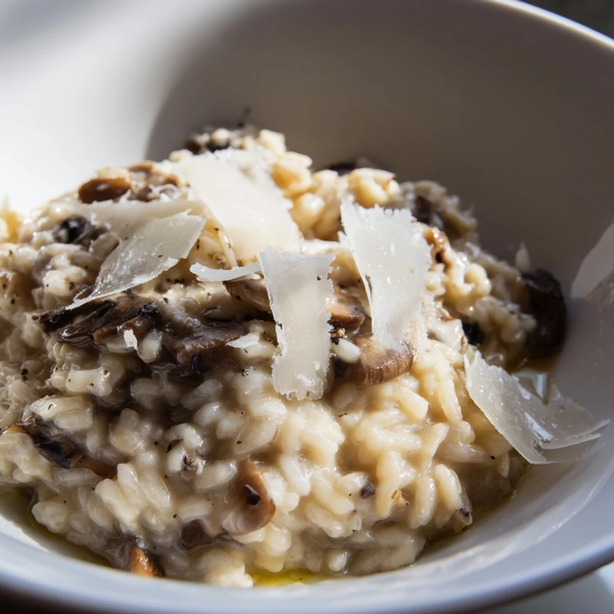 A bowl of Creamy Mushroom Risotto with Truffle Oil, garnished with fresh parsley and a dusting of Parmesan, served on a rustic wooden table.