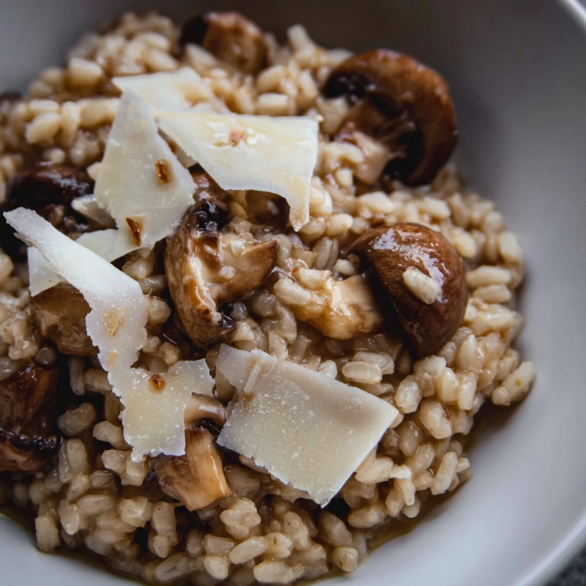 Finishing the Creamy Mushroom Risotto with Truffle Oil, a wooden spoon lifts a creamy portion revealing sautéed mushrooms and al dente Arborio rice.
