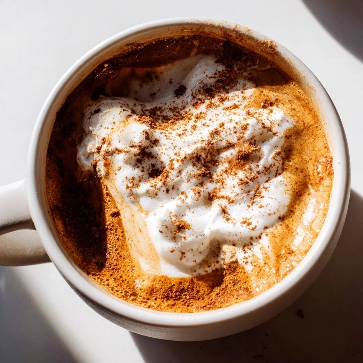 Warm Gingerbread Spiced Latte with Almond Milk steams in a rustic mug, topped with coconut whipped cream and a cinnamon sprinkle for a festive treat.  