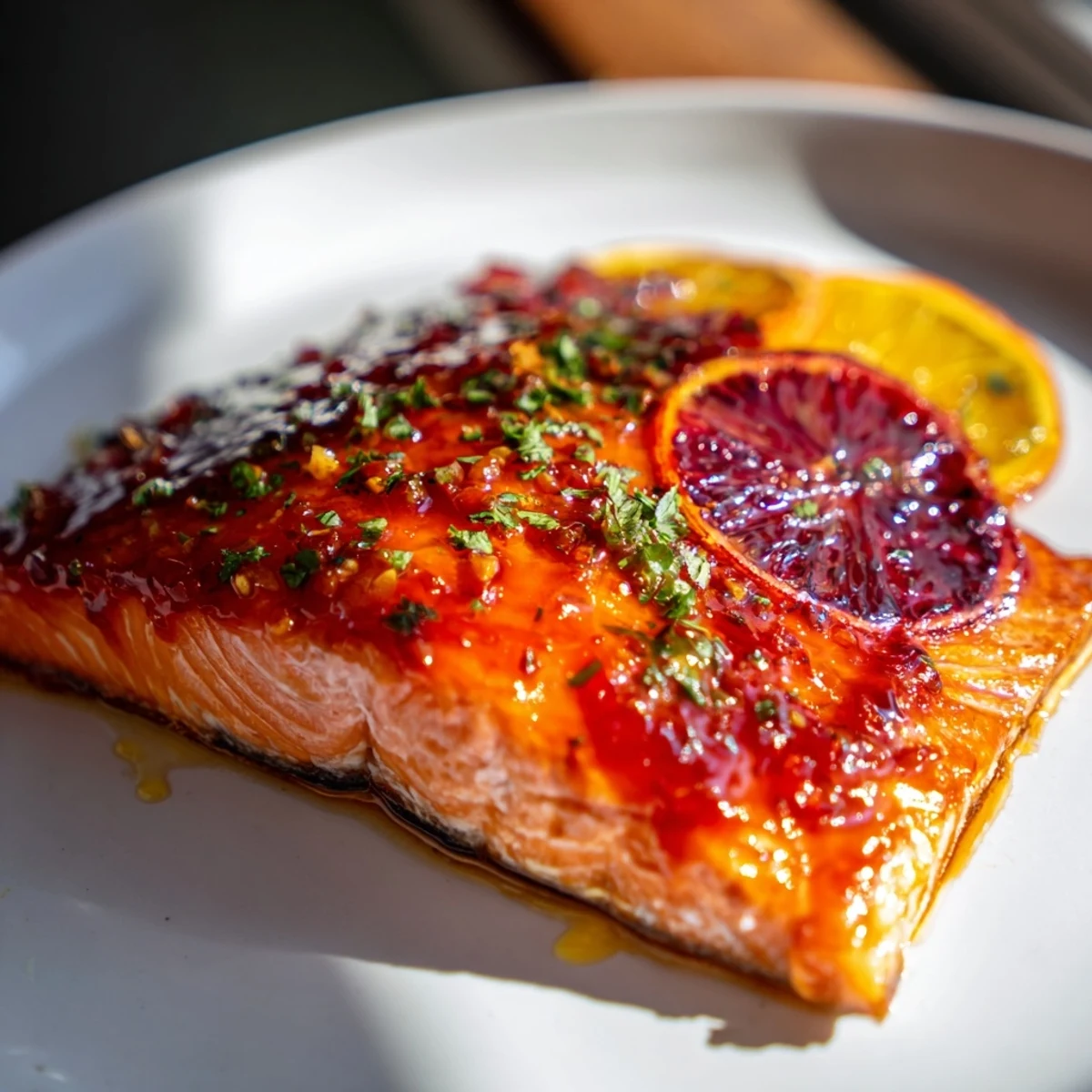 Glazed Baked Salmon with Blood Orange shows a perfectly cooked fillet brushed with a vibrant, glossy citrus sauce and fresh parsley garnish.  