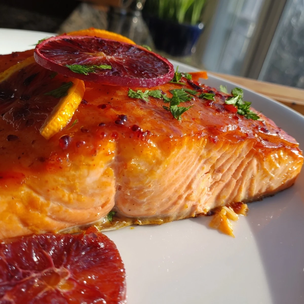 On a white plate, the Baked Salmon with Blood Orange Glaze is served beside lemony rice and roasted asparagus for an elegant dinner.  