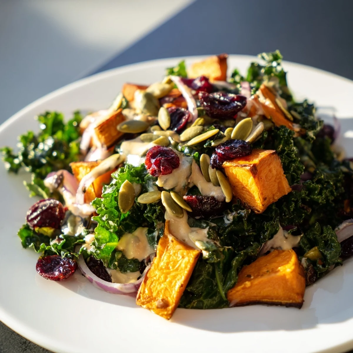 Roasted sweet potato cubes and massaged kale are tossed in a creamy tahini dressing in this vibrant salad, topped with crunchy pepitas.  