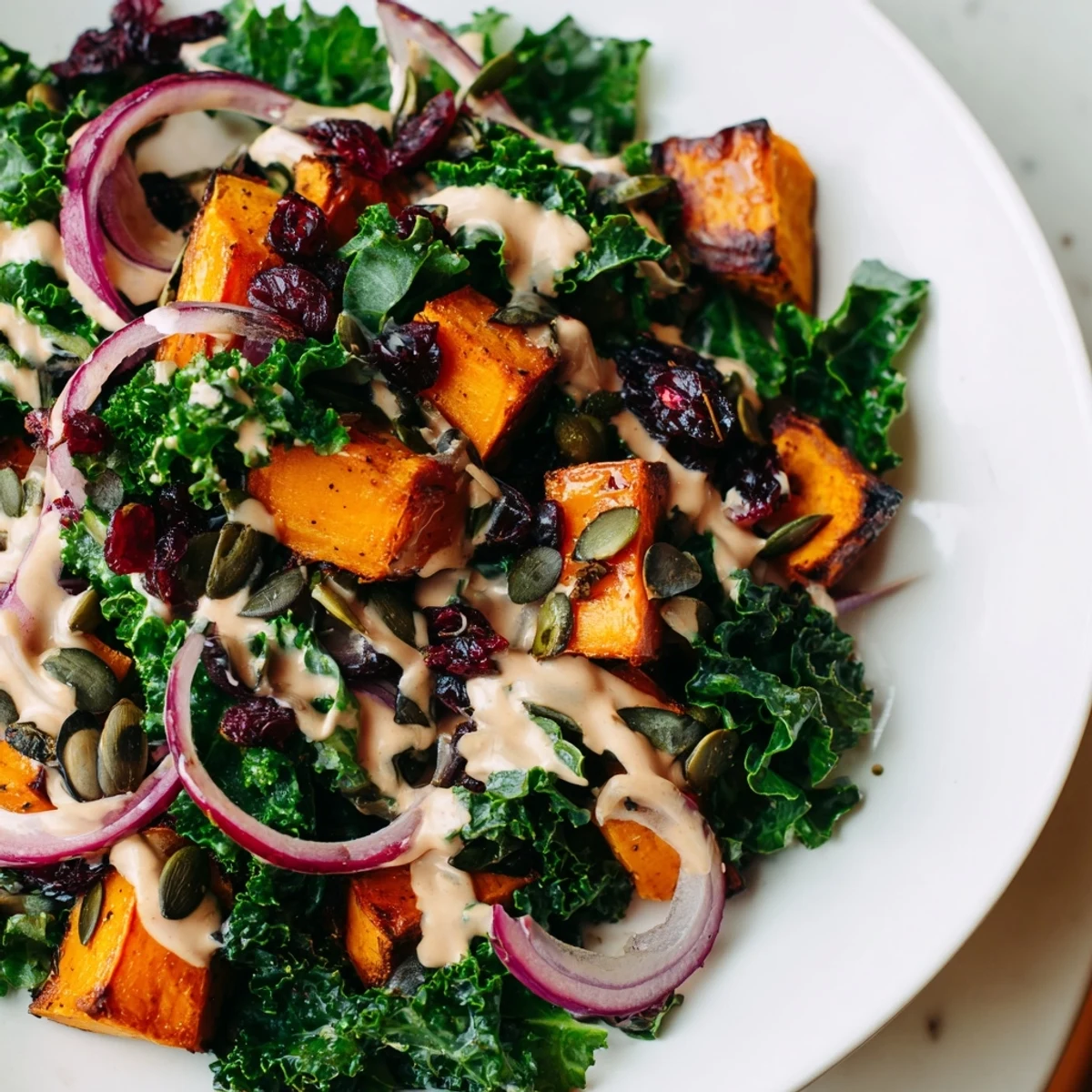 This healthy kale and sweet potato salad is served in a white bowl, garnished with dried cranberries and red onion slices.  
