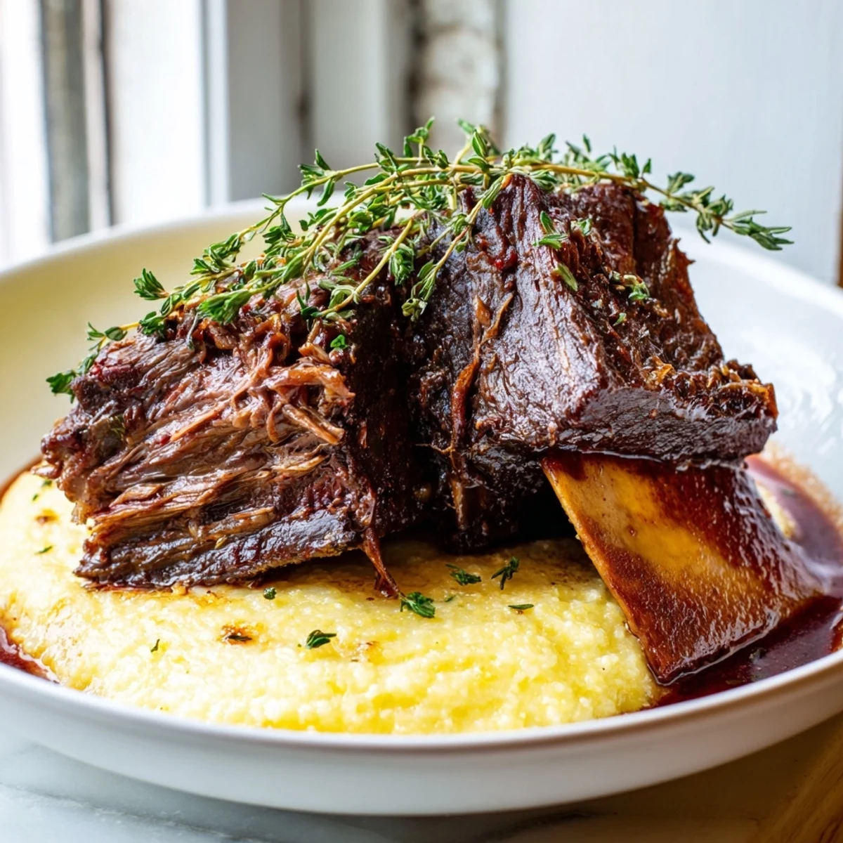 Tender Slow Cooked Beef Short Ribs with Creamy Polenta are plated with a glossy, savory sauce in a warm rustic kitchen.