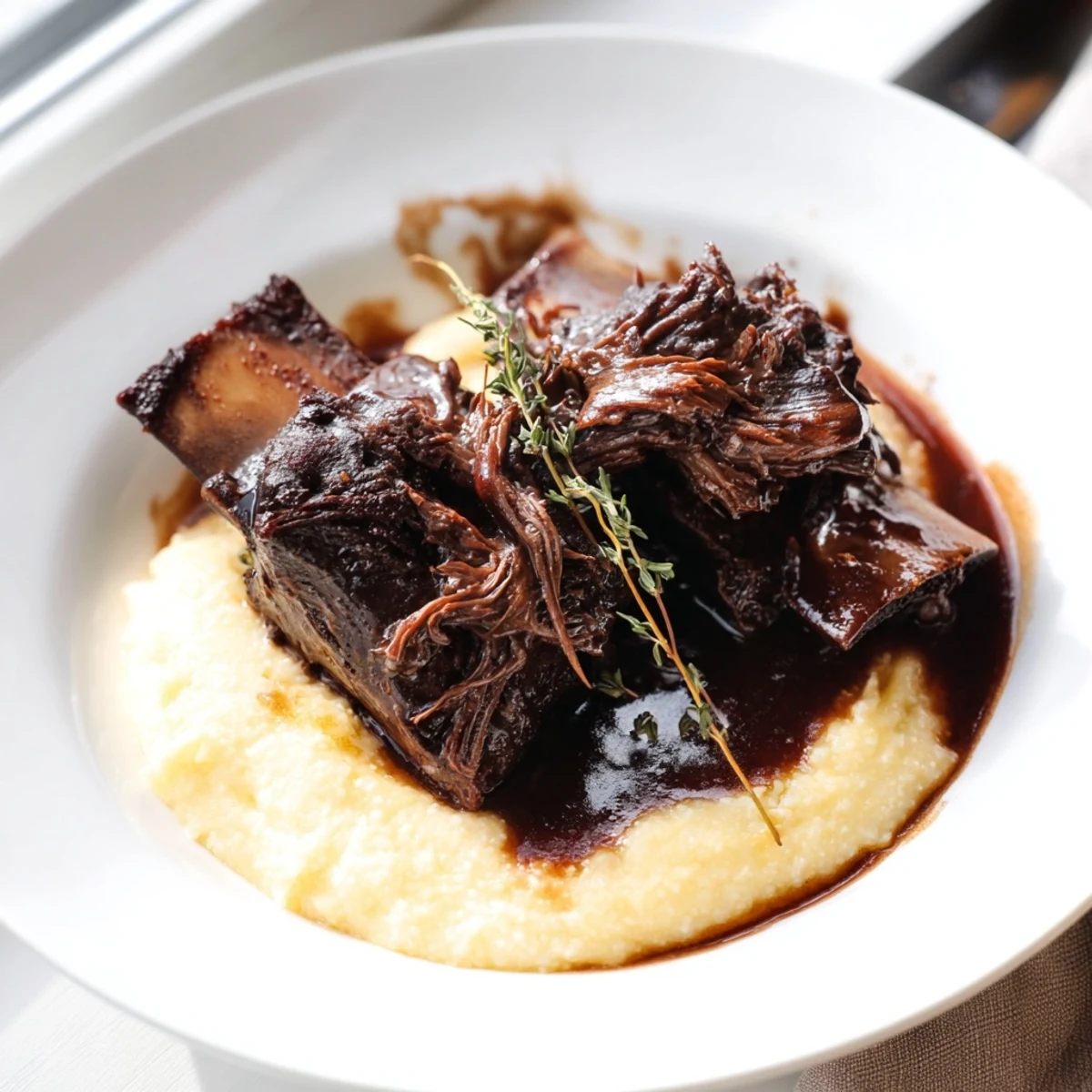 Slow Cooked Beef Short Ribs with Creamy Polenta braised in a rich red wine sauce, served over a bed of soft, buttery polenta.