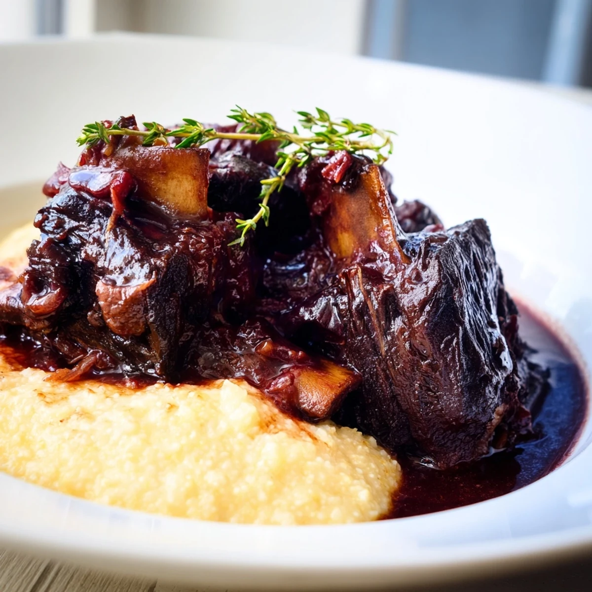 A hearty portion of Slow Cooked Beef Short Ribs with Creamy Polenta features fall-off-the-bone meat and velvety, golden polenta garnished with herbs.