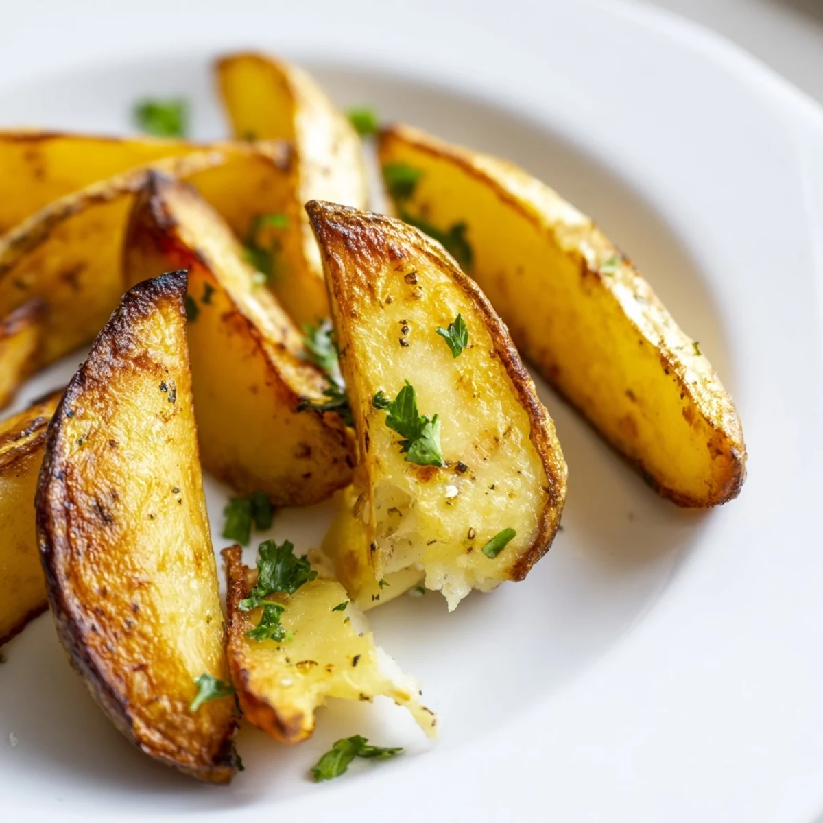 A close-up of golden-baked potato wedges garnished with fresh parsley, showcasing their crispy texture and rustic charm.