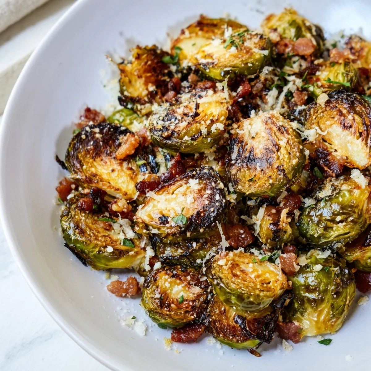 Golden brown roasted Brussels sprouts with crispy turkey bacon, fresh parsley, and Parmesan on a white plate, ready to serve.