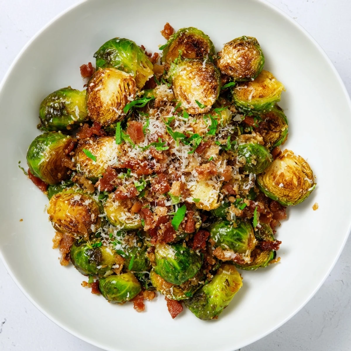 Roasted Brussels sprouts with turkey bacon served hot as a healthy gluten-free side dish, topped with grated Parmesan.