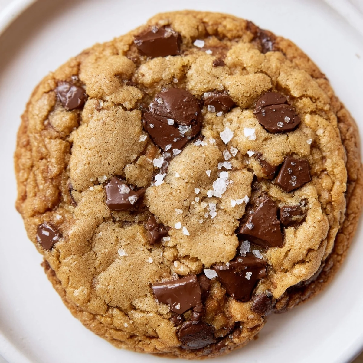 Freshly baked Chocolate Chip Cookies with Sea Salt are stacked on a white plate, ready for serving with cold milk.
