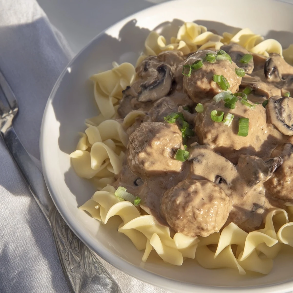 A comforting Turkey Meatball Stroganoff over Noodles, garnished with fresh dill and ready for a family-style dinner.