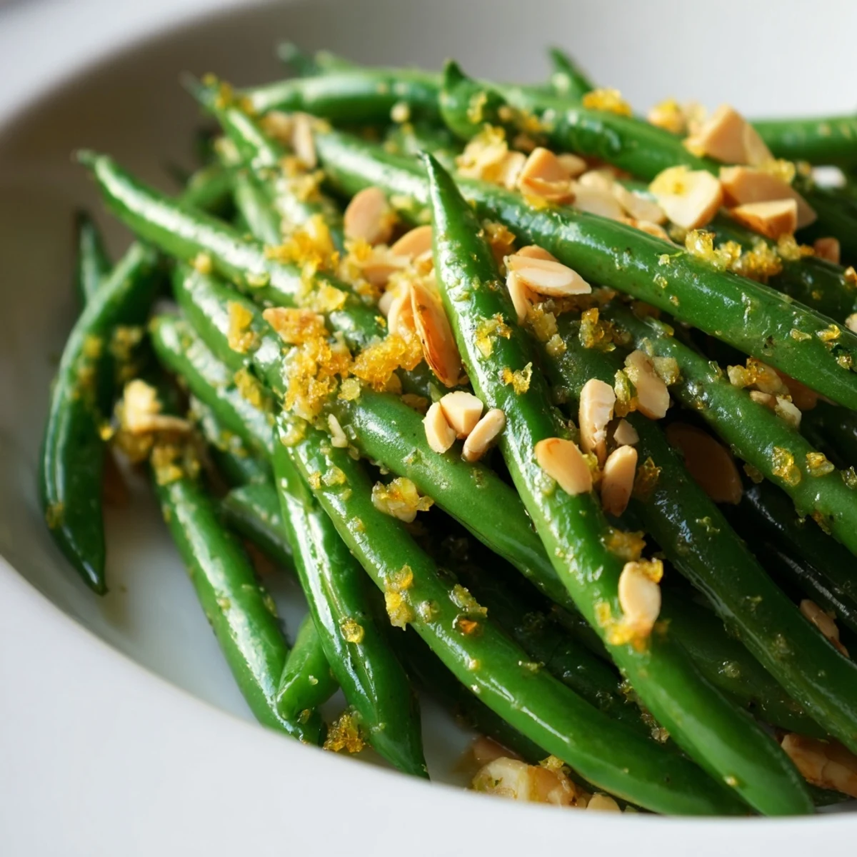 Vibrant crisp green beans with lemon and almonds glisten in butter, served as an easy vegetarian side.