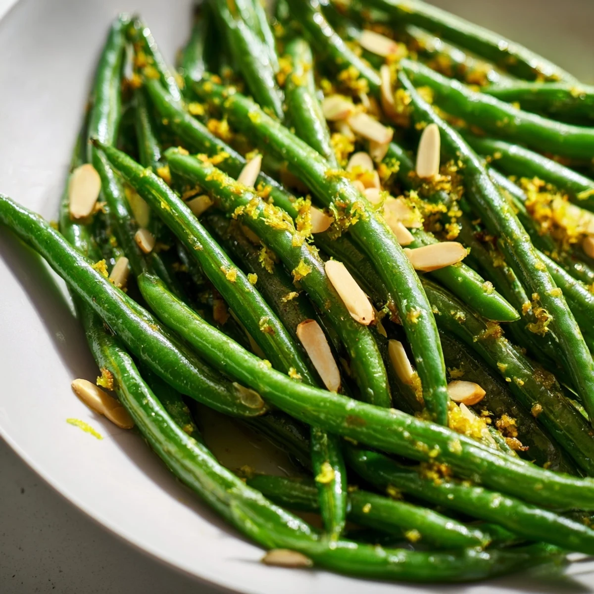 Tender green beans tossed with lemon and almonds look elegant on a dinner plate, ready for any meal.