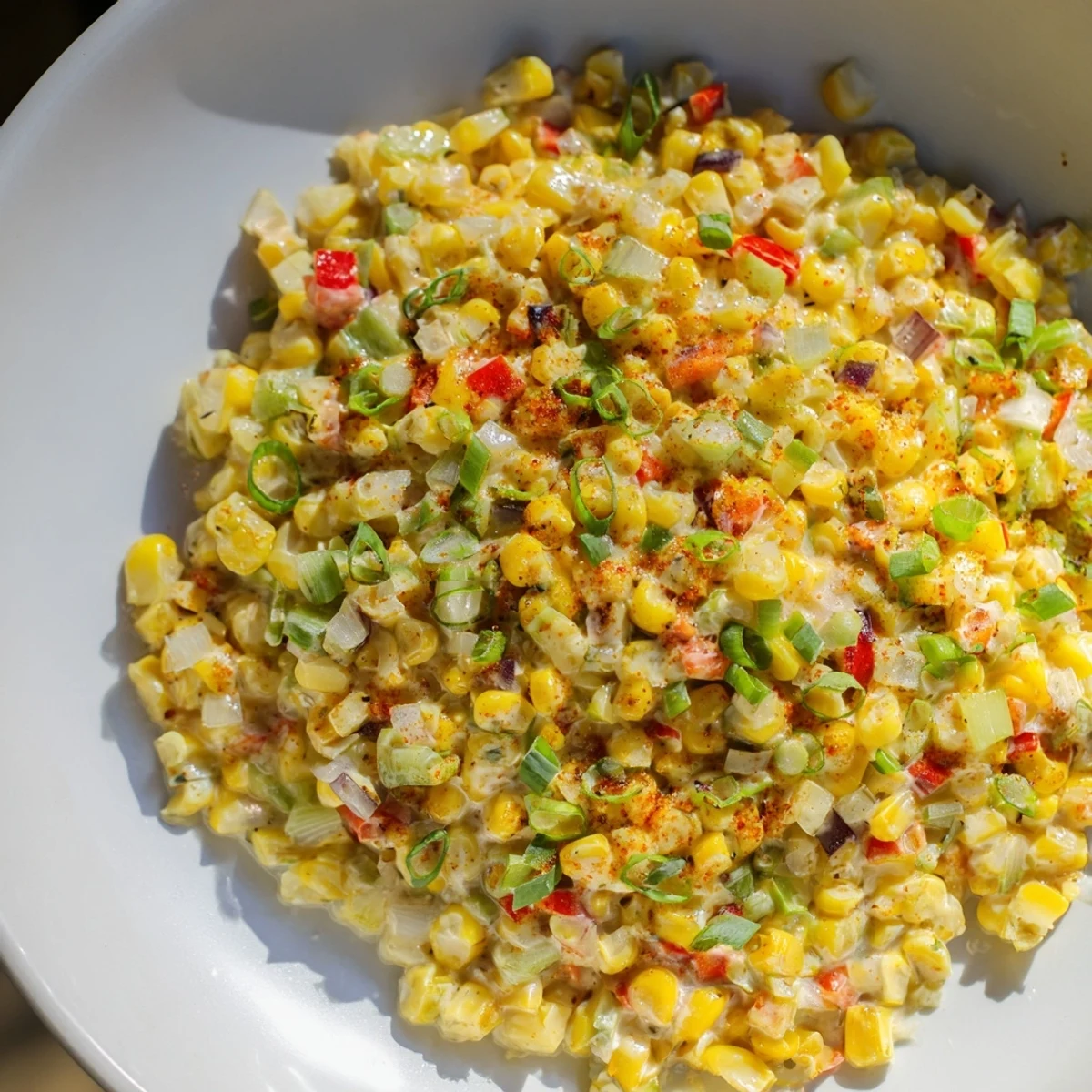 Golden corn kernels sautéed with diced red and green bell peppers in a creamy Cajun sauce for Mardi Gras Maque Choux.