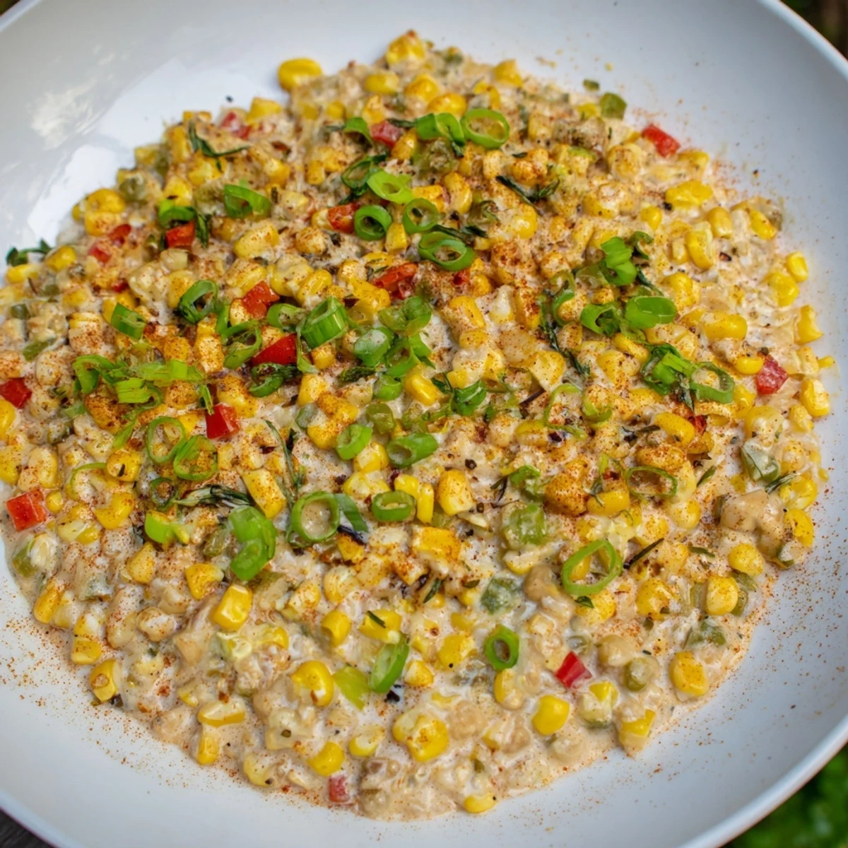 Serving suggestion for Mardi Gras Maque Choux, a creamy corn and vegetable sauté perfect alongside grilled meats.