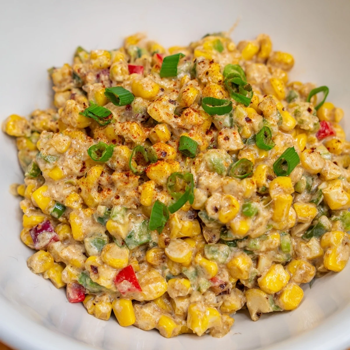 A close-up of Mardi Gras Maque Choux, featuring tender corn, vibrant veggies, and a hint of smoked paprika.